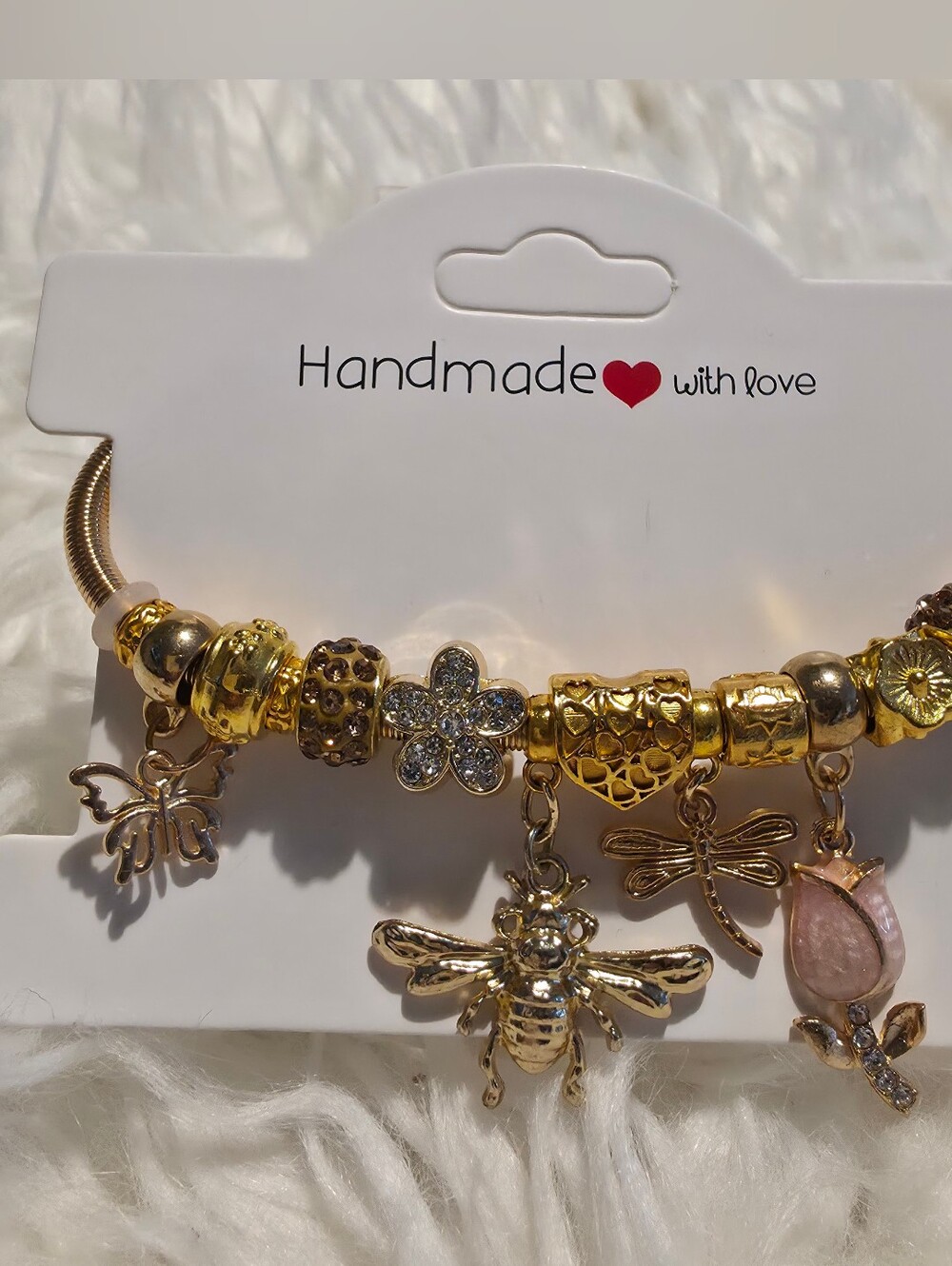 Handmade Gold-Tone Bee & Floral Charm Bracelet - Handmade with Love